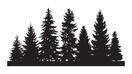Detailed group of black fir tree silhouettes for forest background and nature design art. © Sara Studio