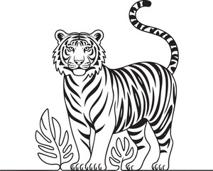 Obraz premium Black and white line of a standing tiger with tropical leaves