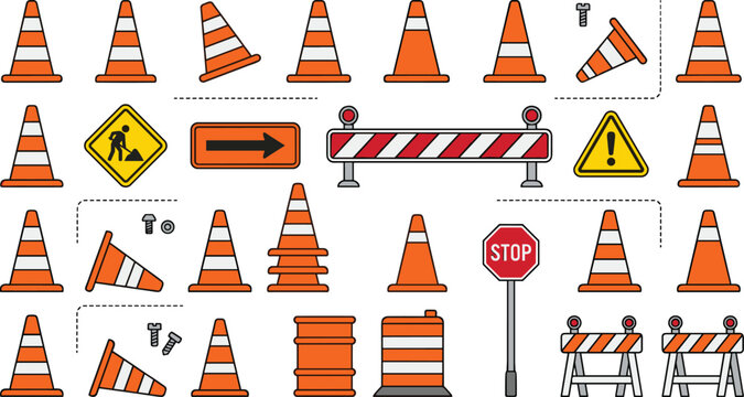 Traffic Cone and Road Construction Safety Sign Vector Icon Set Featuring Barriers Stop Signs Arrow Boards and Warning Drums for Highway Work Zone Media Designs