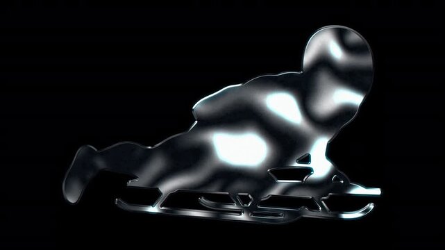 Silver metallic skeleton racer sliding headfirst on sled silhouette. Alpha channel. Seamless loop video.
