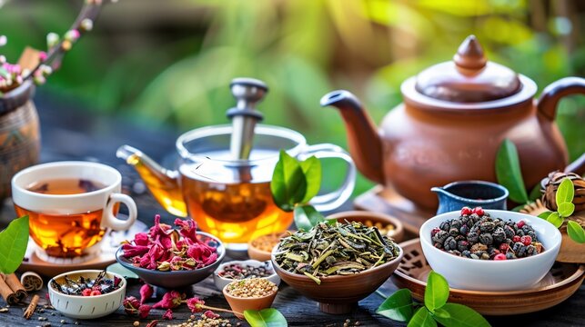 Still life of tea-making setup with various herbs and flowers on a rustic wooden table