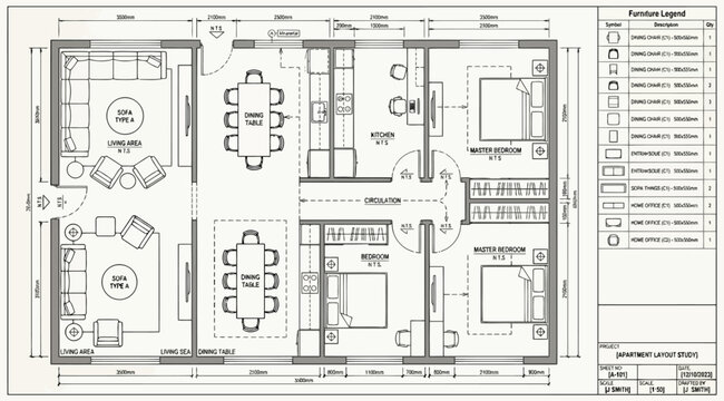 Architectural floor plan design with furniture layout and dimensions