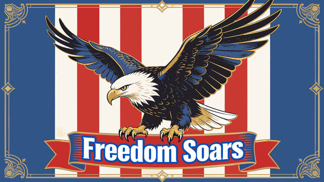 A majestic bald eagle with outstretched wings soars against a backdrop of red and white stripes and a blue border, with the words "Freedom Soars" emblazoned on a banner.