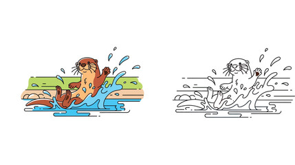 Obraz premium Cute Otter Splashing in Water Illustration and Coloring Page Outline Vector Set of Playful Aquatic Mammal Character for Kids Education and Fun Activities