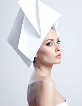 A woman wearing a white paper hat