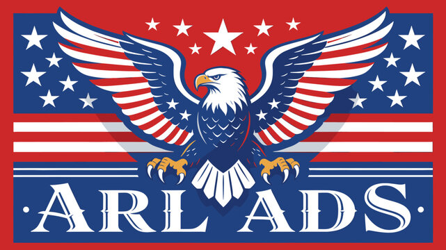 An American bald eagle with outstretched wings is depicted against a backdrop of the American flag, with the text "ARL ADS" below.