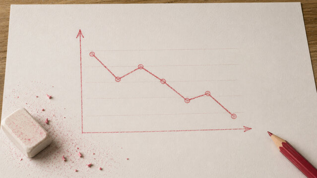 A red pencil and eraser are shown with a hand drawn line graph depicting a downward trend