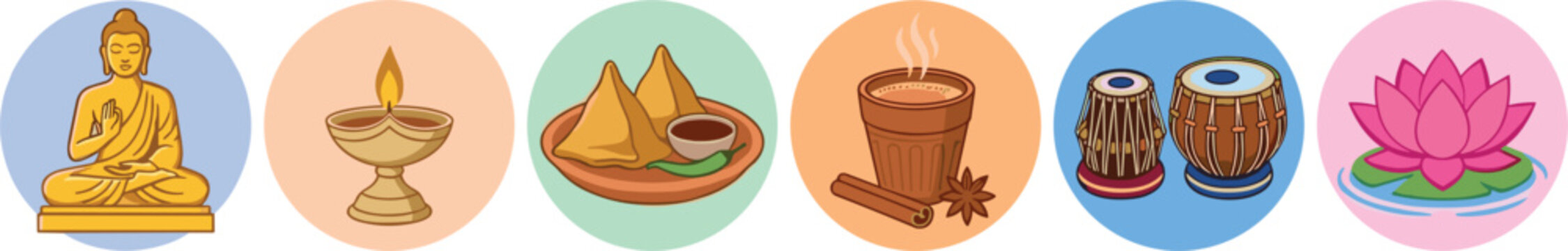 Indian culture vector icon set featuring traditional elements like Buddha statue, diya lamp, samosa snack, masala chai tea, tabla drums, and lotus flower.