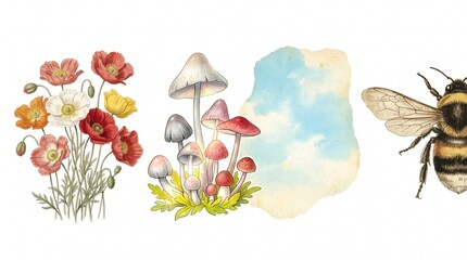 Naklejka premium Vintage botanical illustration of poppies, mushrooms, sky, and a bee