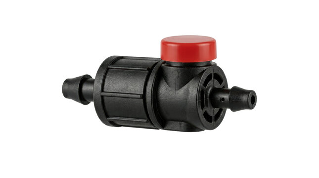 Black plastic pneumatic push-in fitting connector with red release button, close-up detail