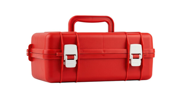 Bright red plastic first aid toolbox with secure metal latches, empty medical storage case