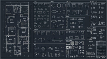 Architectural floor plan with furniture symbols and layout library © S.Siam