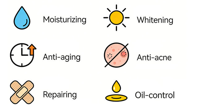 Water drop sun clock arrow acne fork band aid oil drop icon, moisturizing and whitening anti-aging acne repair and oil control, problem muscle care and comprehensive skin care products.
