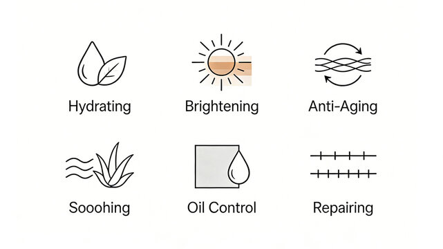 Water drop leaves, sun spiral lines, aloe oil absorption paper, horizontal line icon, moisturizing and brightening, anti-aging, soothing, oil controlling, repairing, natural skin care and daily 
