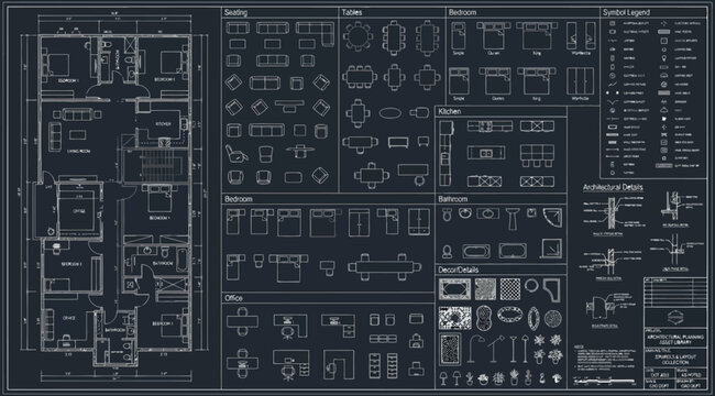 Architectural floor plan with furniture symbols and layout library