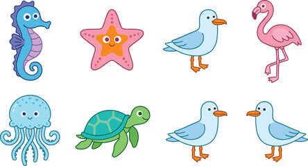 Fototapeta premium Cute Cartoon Ocean and Sea Animals Icon Set Featuring Seahorse, Starfish, Seagull, Flamingo, Jellyfish, and Turtle Vectors for Children Graphic Designs