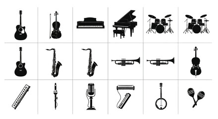Collection of various musical instruments in black silhouette on white background © Pabitra