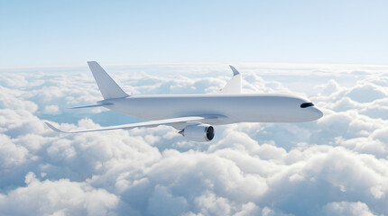 Fototapeta premium White passenger jet airplane flying above clouds in clear blue sky
