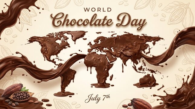 World chocolate day july 7th celebration with melted chocolate dripping on a map
