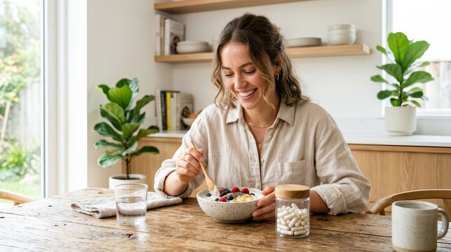 A woman eating a healthy yogurt bowl with berries and seeds for gut health.