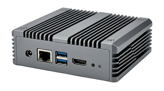 Compact industrial computer enclosure with heatsink, ethernet, usb, and hdmi ports, gray metallic finish