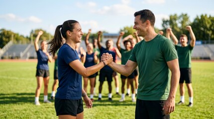 Fototapeta premium Happy athletes shaking hands on a sports field after a game.
