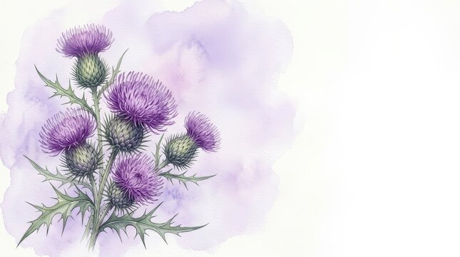 Watercolor illustration of purple thistle flowers on a soft pastel lilac wash background.
