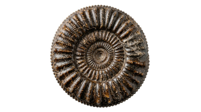 Fossilized ammonite shell with detailed spiral ridges, gray and brown mineralized texture