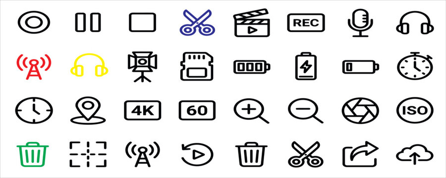 Collection of video editing and recording icons