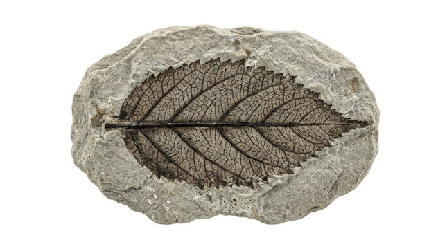 Fossilized plant leaf impression in gray stone, detailed vein pattern, paleontological specimen