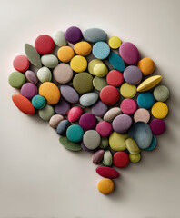 Obraz premium Multicolored Pills Arranged in Stylized Brain Shape on Neutral Background
