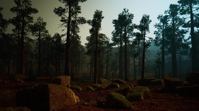 Misty pine forest at dusk, mossy rocks and fallen logs scattered across dim undergrowth, tall pines silhouetted against teal twilight, soft fog drifting