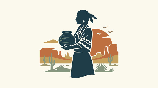 Native American woman, desert landscape, pottery, vector illustration, southwestern style