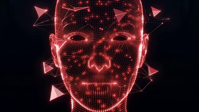 3D render of abstract red digital human face, glowing data connections and geometric particles, artificial intelligence, cybersecurity and big data concept, 4K video