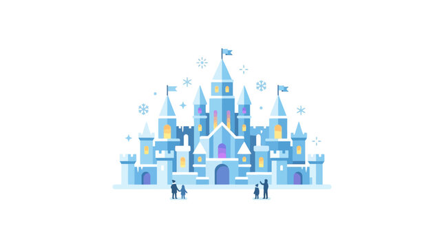 Magical winter ice castle with snowflakes and tiny people, fantasy illustration