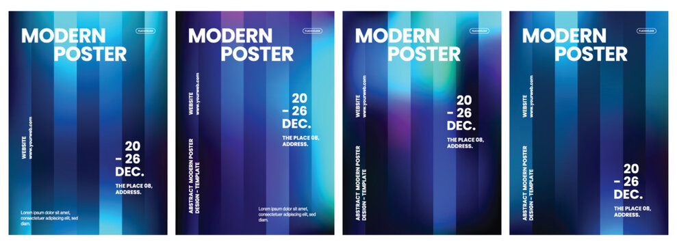 Abstract posters templates showcase vibrant blue gradients with vertical light streaks and bold white typography to create a striking visual identity for professional business