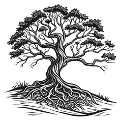 Fototapeta premium Stylized artistic black and white illustration of a gnarly ancient tree with sprawling exposed roots and dense foliage illustration monochrome