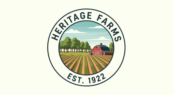 Heritage Farms Est. 1922 Logo with Barn and Fields.