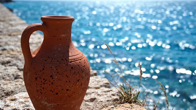 Terracotta clay amphora handle texture details. Ancient style pottery vessel. Brown ceramic water jug.