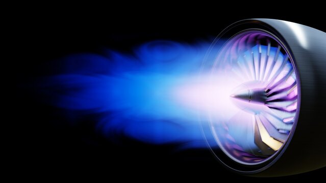 Powerful glowing jet engine exhaust flame in dark background for aerospace and aviation technology concepts- 3D rendering