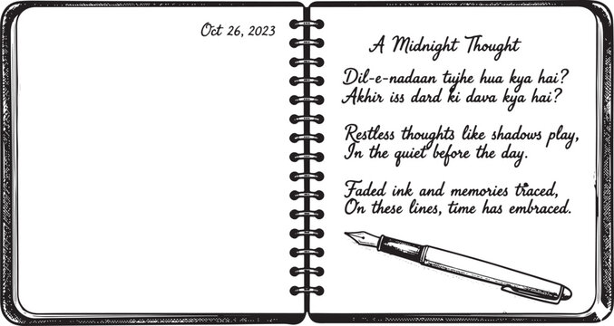 Open spiral notebook with handwritten poetry and fountain pen line art illustration, black and white sketch of personal journal and shayari