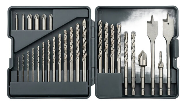 Organized set of metal drill bits and woodworking spade bits in a black storage case