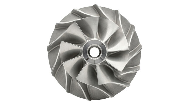 Precision metal turbine impeller with curved blades and central mounting hole, gray metallic finish