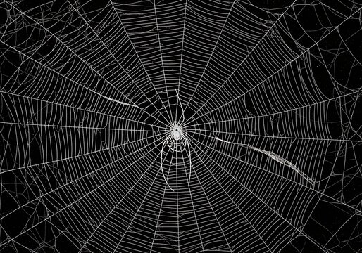 A detailed closeup of a spider sitting in the center of its intricate, symmetrical orb web against a dark background