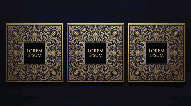 Three square golden ornamental frames on dark background