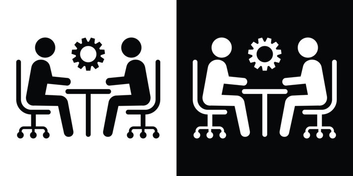 Business meeting vector icon. Two people sitting at a table with a gear mechanism symbol. Minimalist flat design for workflow and collaboration.