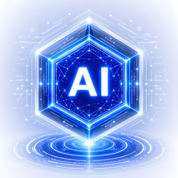 Glowing hexagonal AI technology emblem with digital network