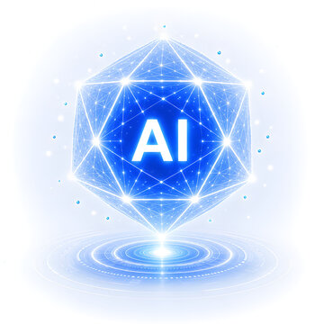 Holographic AI network polyhedron above glowing platform