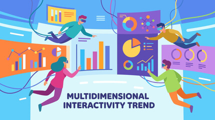 Naklejka premium Multidimensional Interactivity Trend with People Using VR for Data Analytics Vector Illustration