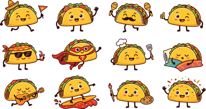 Cute Taco Cartoon Character Sticker Set with Various Fun Expressions and Activities Including Chef Musician Superhero and Surfer for Mexican Food Designs